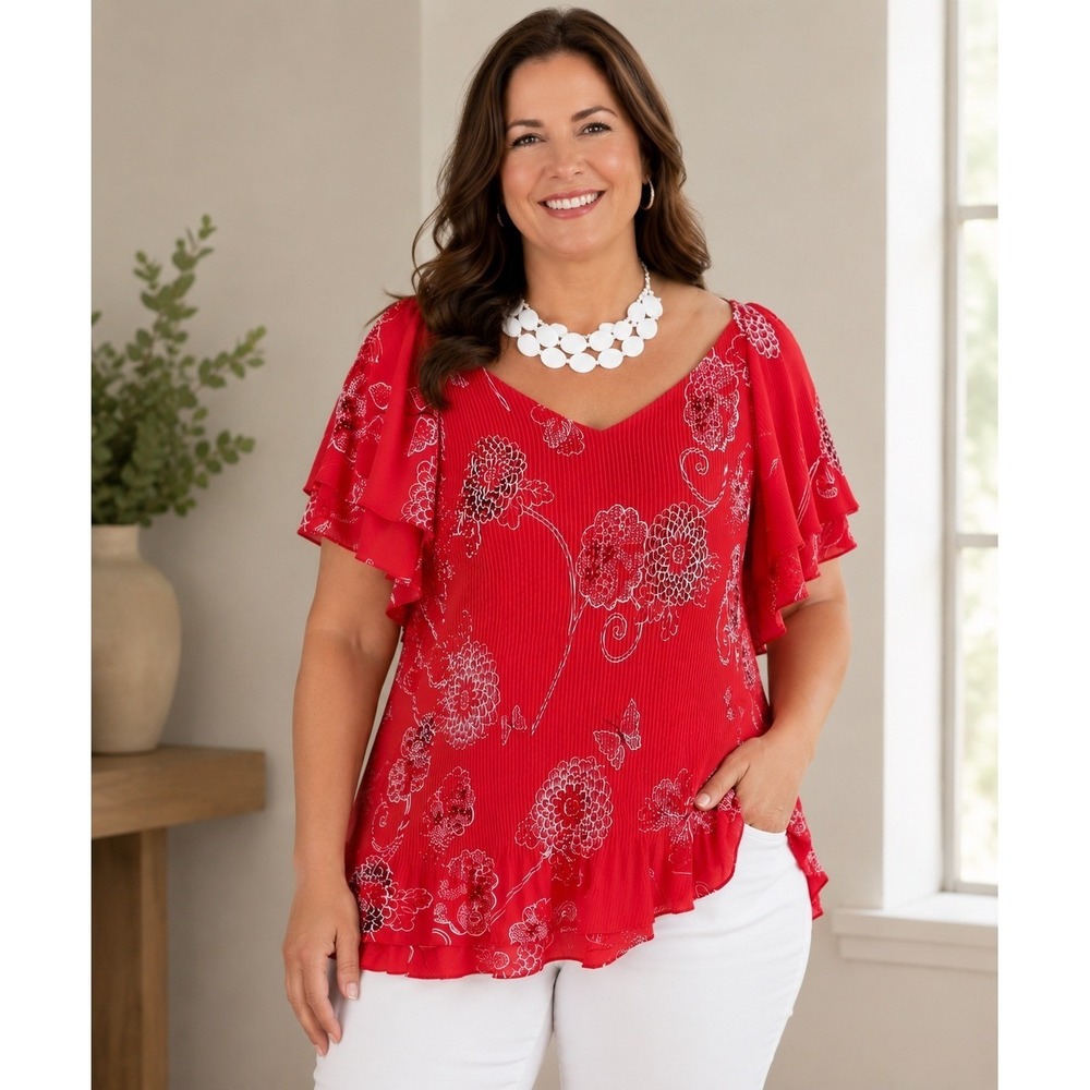 Dressbarn Women's Stretch Red Floral Pleated Flutter Sleeve V Neck Blouse Top 2X